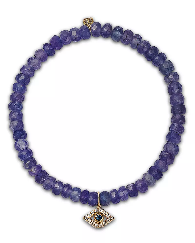 Sydney Evan Large Bezel Evil Eye Charm Blue Tanzanite Beaded Bracelet with Diamonds & Sapphires