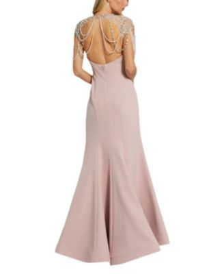  Draped Pearl Beaded Detail Mermaid Gown