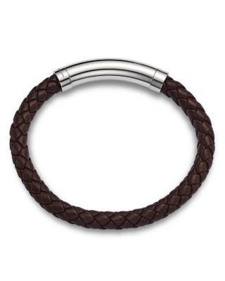 Men's Blue Sapphire Brown Woven Leather Bracelet in Sterling Silver