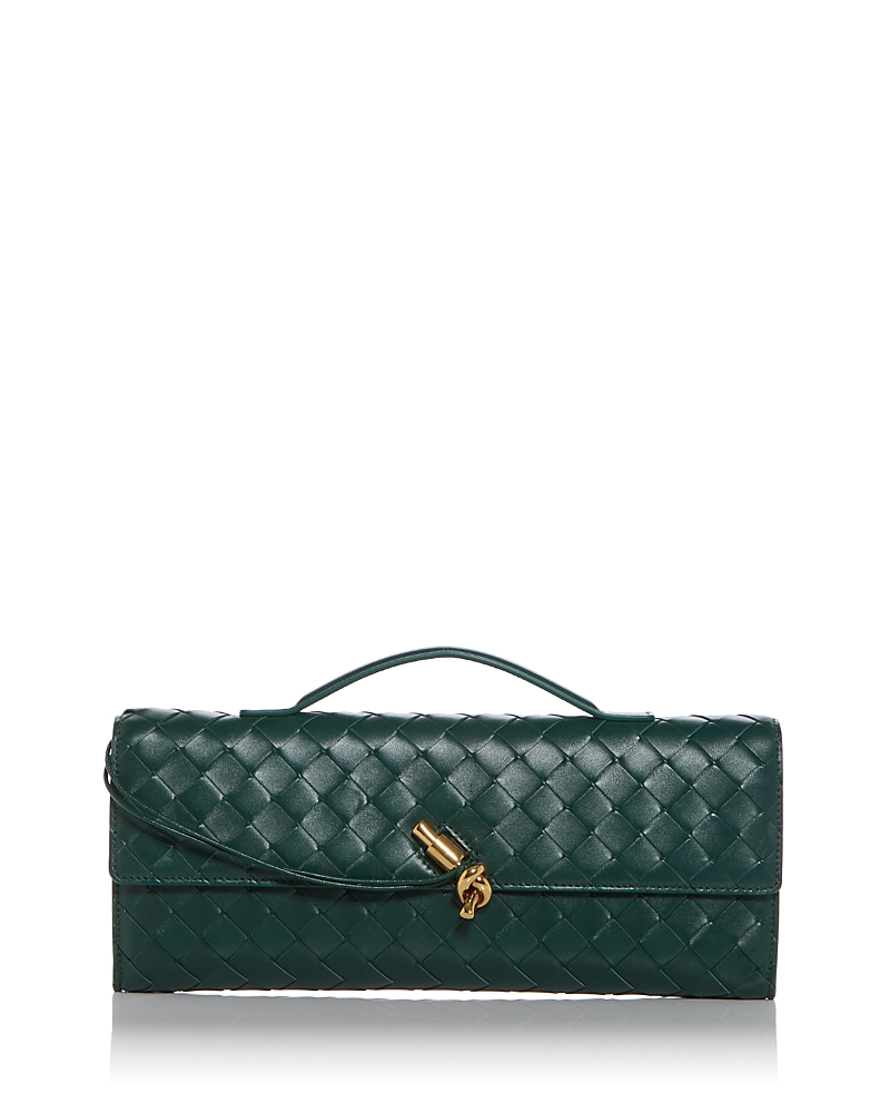 Shop Bottega Veneta Andiamo Intrecciato Leather Clutch In Emerald/brass
