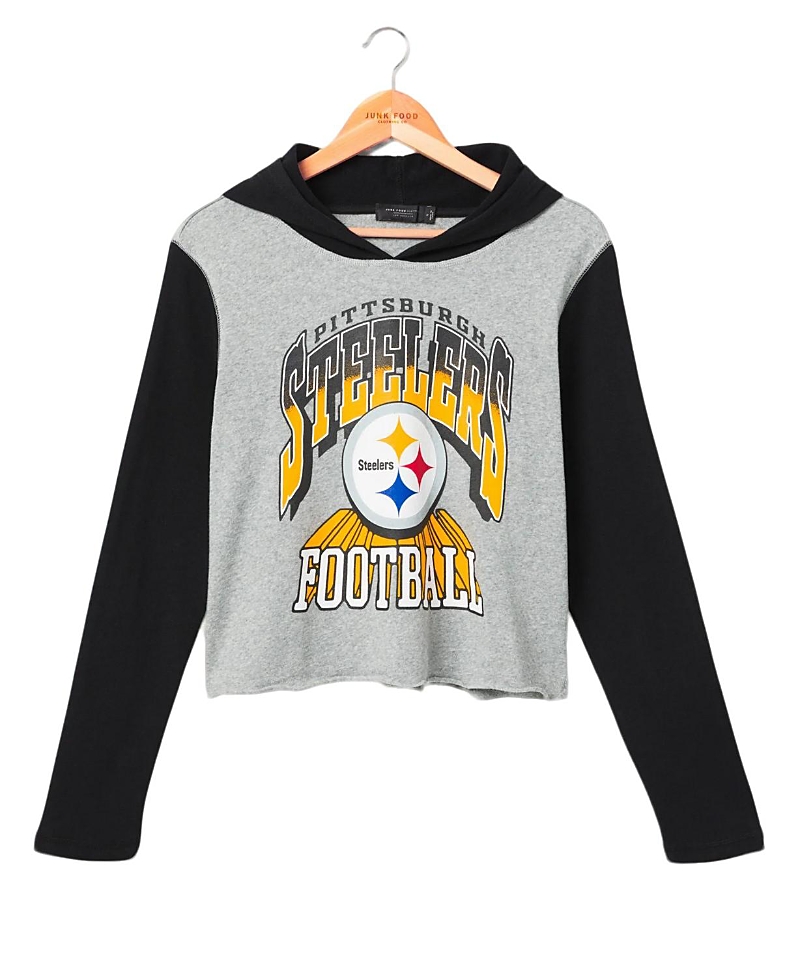Junk Food Clothing Women's Nfl Pittsburgh Steelers Block Crop Hoodie In Heather Grey/black