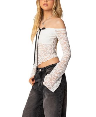 Asymmetric Sheer Lace Off Shoulder Top
