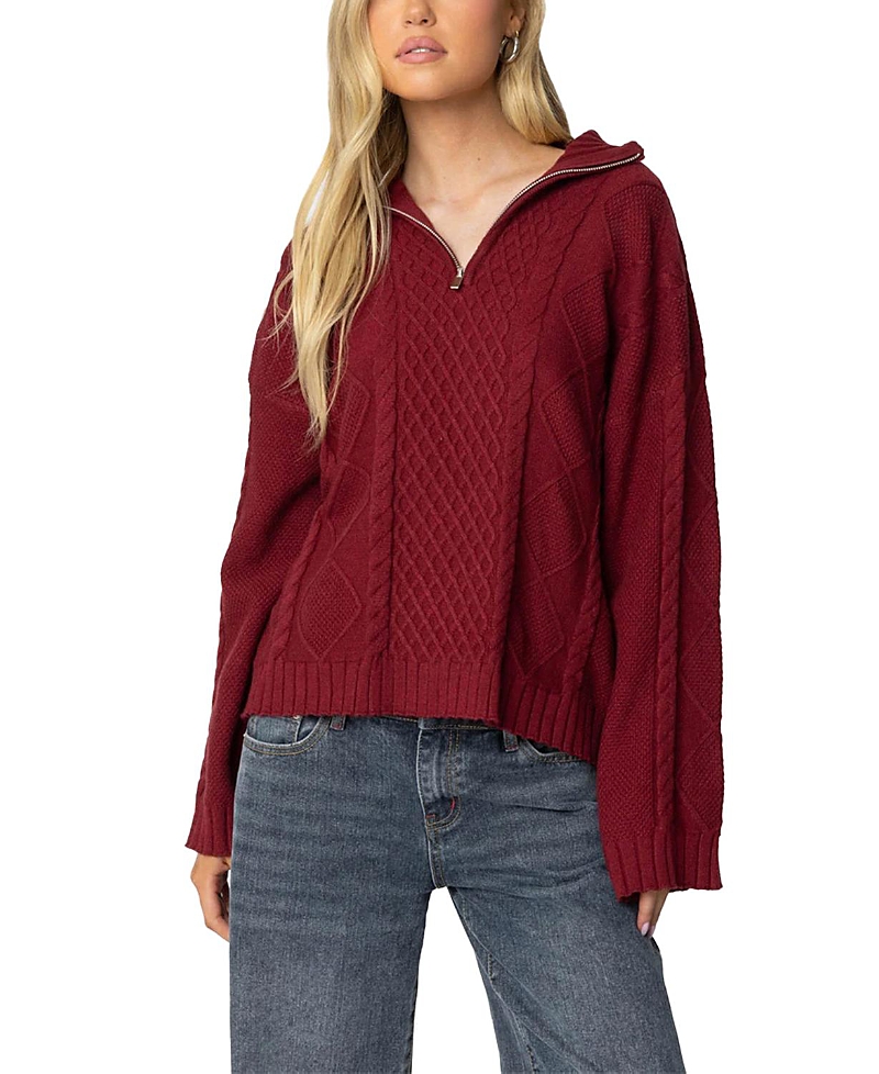 Edikted Cable Stitch Oversize Quarter Zip Pullover Sweater In Burgundy