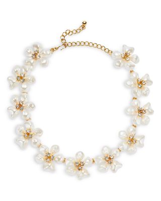 Imitation Pearl & Crystal Flower Statement Necklace, 15-19"