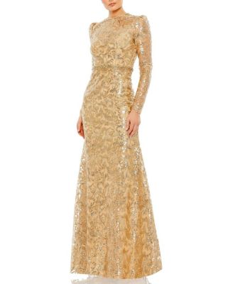  Embellished High Neck Long Sleeve Gown