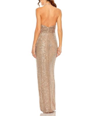  One Shoulder Ruched Side Front Slit Sequin Gown