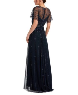 V Neck Embellished Flutter Sleeve A Line Gown