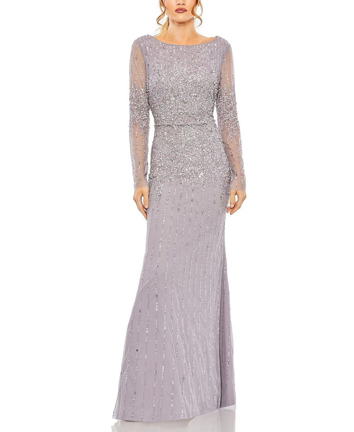 Mac Duggal High Neck Sequin Embellished Long Sleeve A Line Gown