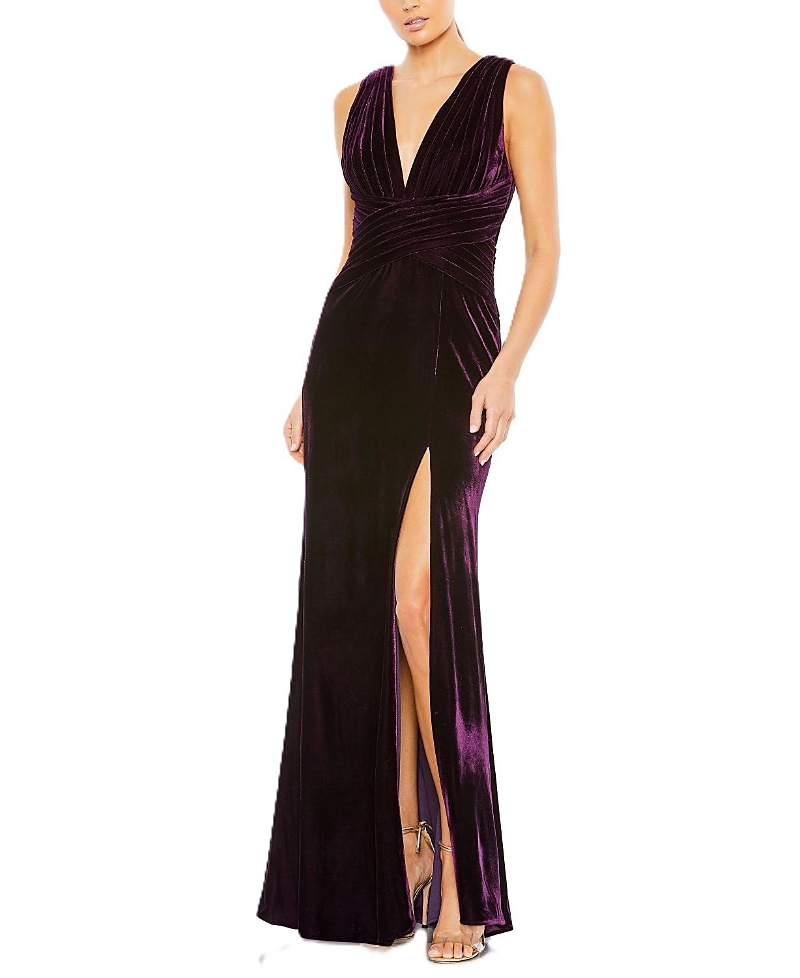 Mac Duggal Velvet Pleated Wrapping Sleeveless Jersey Gown In Amethyst