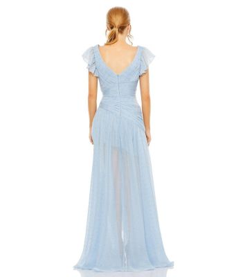 Asymmetrical Ruched Gown With Flutter Sleeves