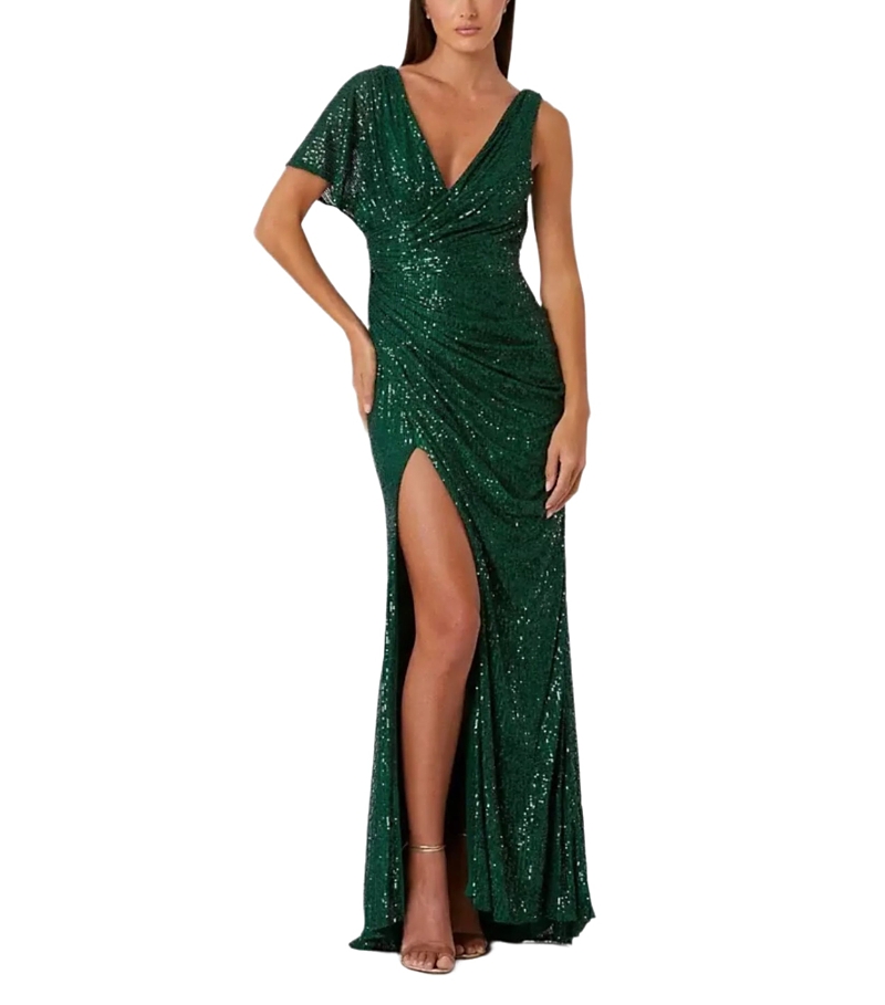 Mac Duggal Sequined Asymmetrical Draped Trumpet Gown In Emerald