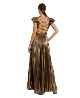 Ruffle Sleeve Cutout Pleated Metallic Gown
