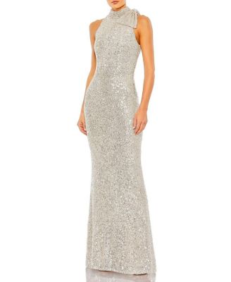 Sequined Soft Tie Halter Neck Column Gown