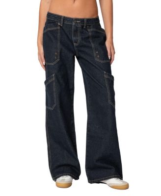 Edikted - Xana Low Rise Carpenter Jeans in Indigo Blue Raw Washed