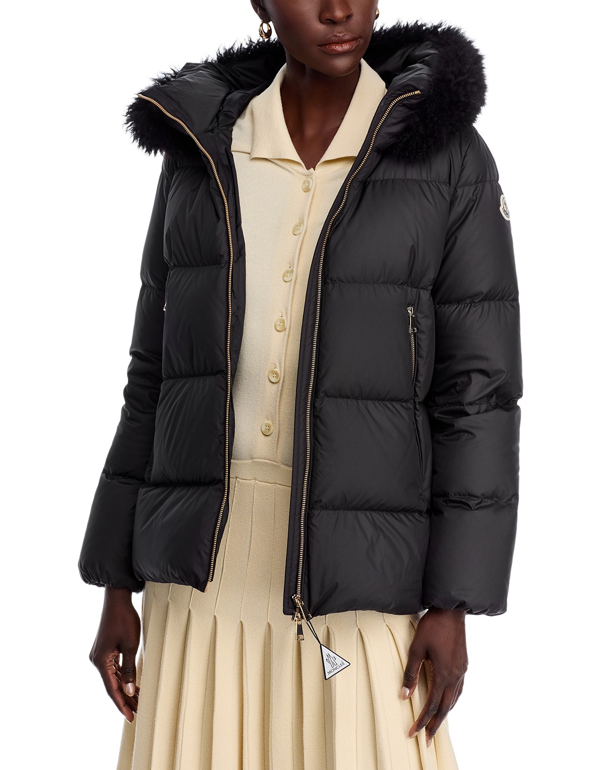 Moncler Laichefur Shearling Trim Hooded Down Jacket in Black