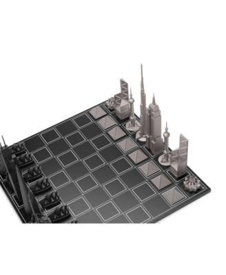 Chess Set Stainless Steel WORLD ICONS with Wooden Grid Board - Age 14+ Years