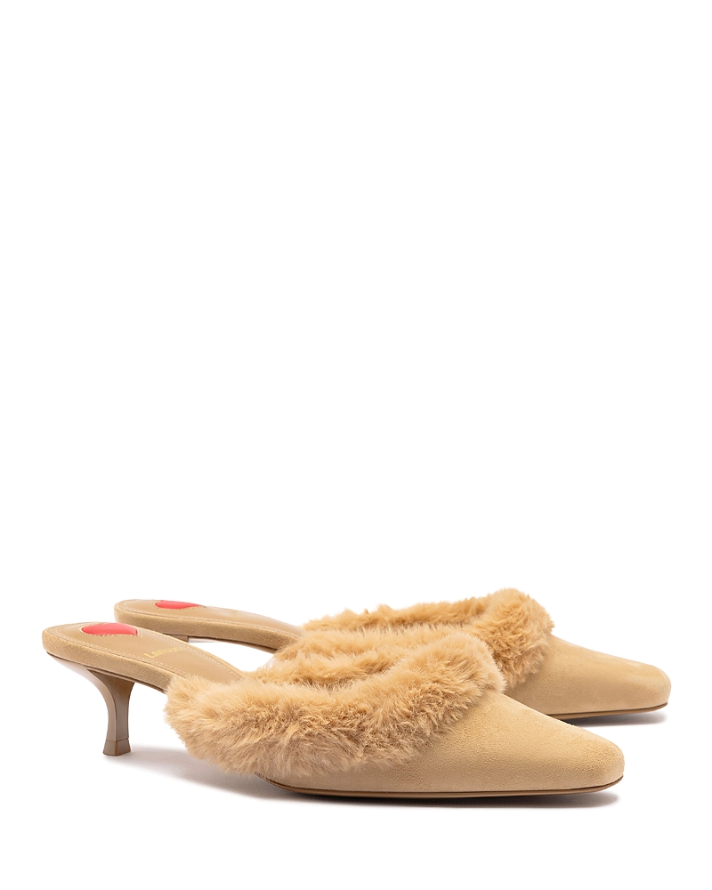 Larroude Women's Amal Faux Fur Trim Tan Slide Pumps