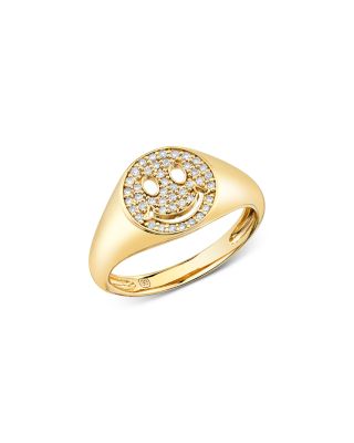 Sydney Evan - 14K Yellow Gold Diamond Happy Face Signet Ring