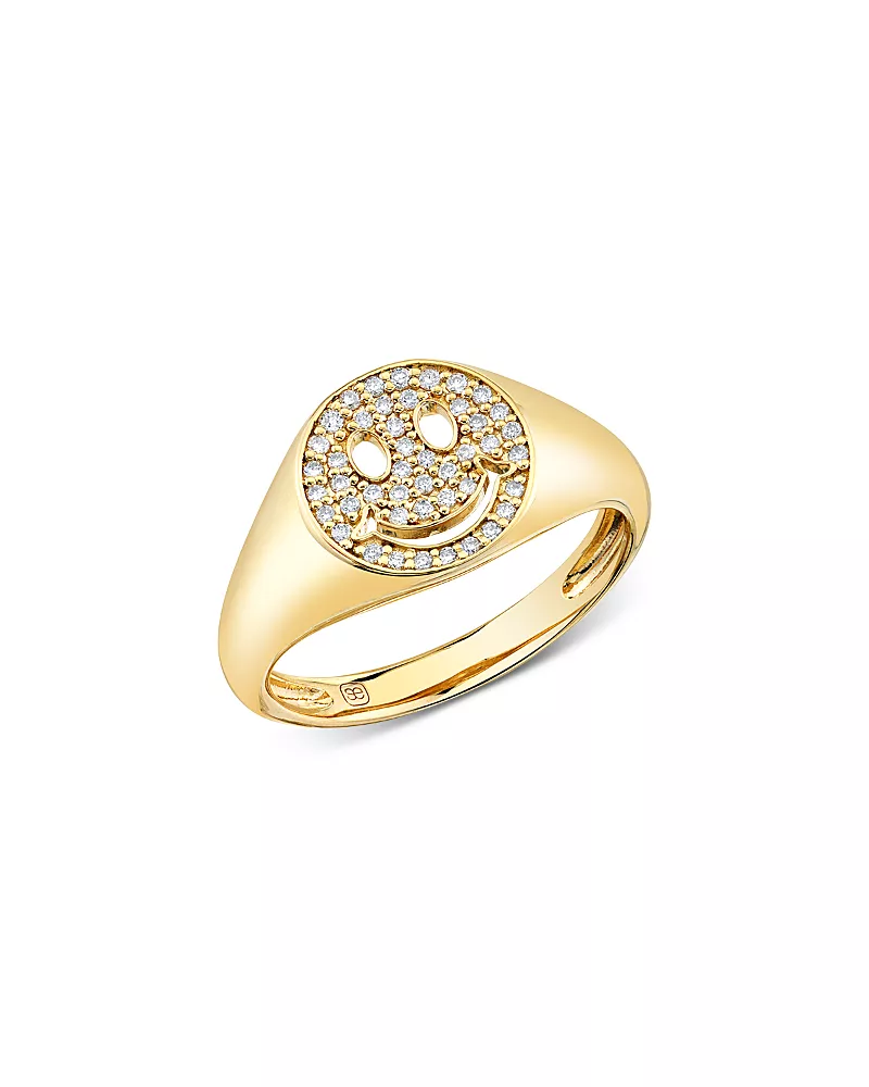 Sydney Evan 14K Yellow Gold Diamond Happy Face Signet Ring