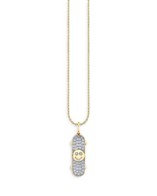 Sydney Evan - 14K Yellow Gold Diamond Happy Face Skateboard Pendant Necklace, 18"