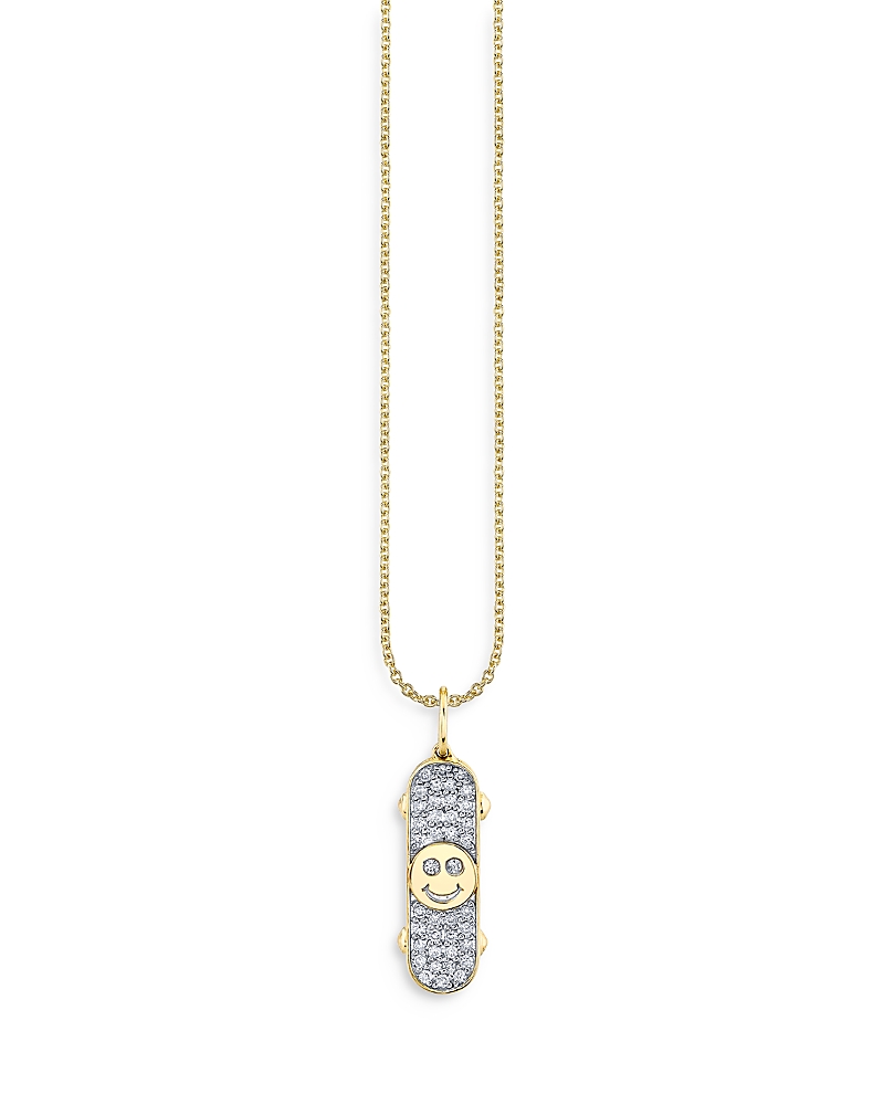 Sydney Evan 14K Yellow Gold Diamond Happy Face Skateboard Pendant Necklace, 18