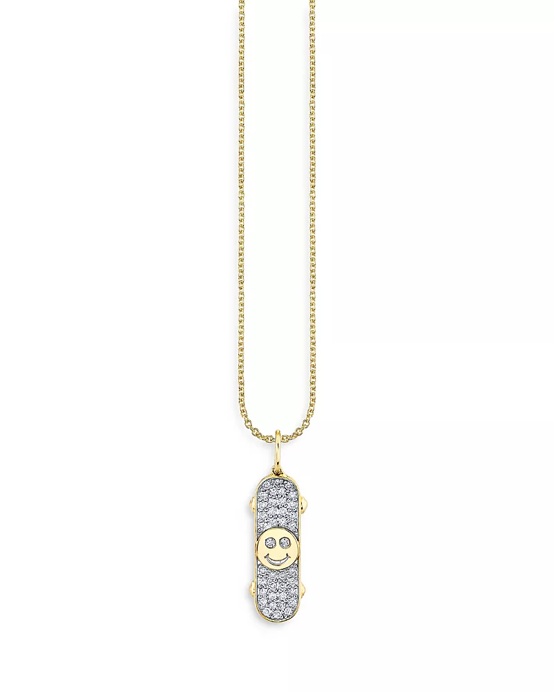 Sydney Evan 14K Yellow Gold Diamond Happy Face Skateboard Pendant Necklace, 18