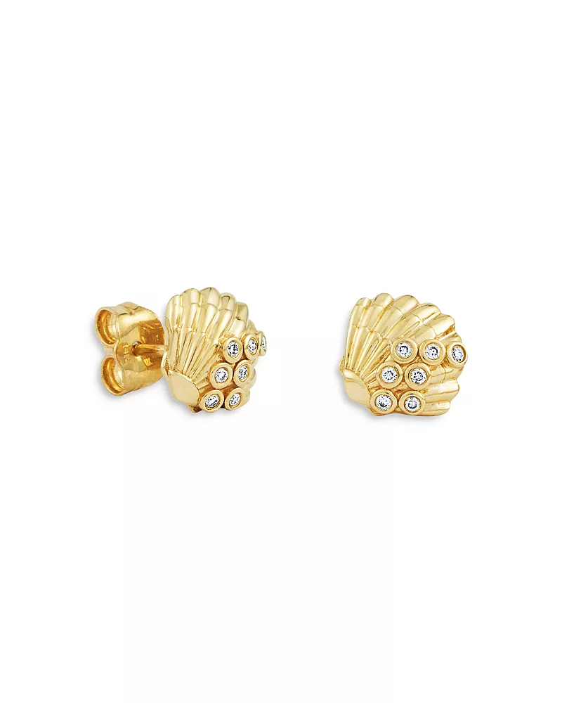 Sydney Evan 14K Yellow Gold Clam Shell Stud Earrings with Diamonds