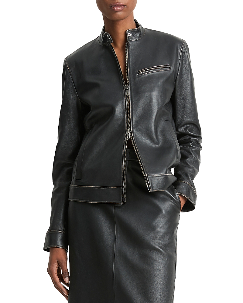 Vince Leather Biker Jacket In Vitnage Blue