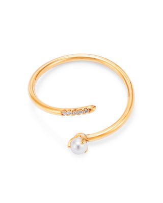 14K Yellow Gold Pearl & Pav&eacute; Diamond Bypass Ring