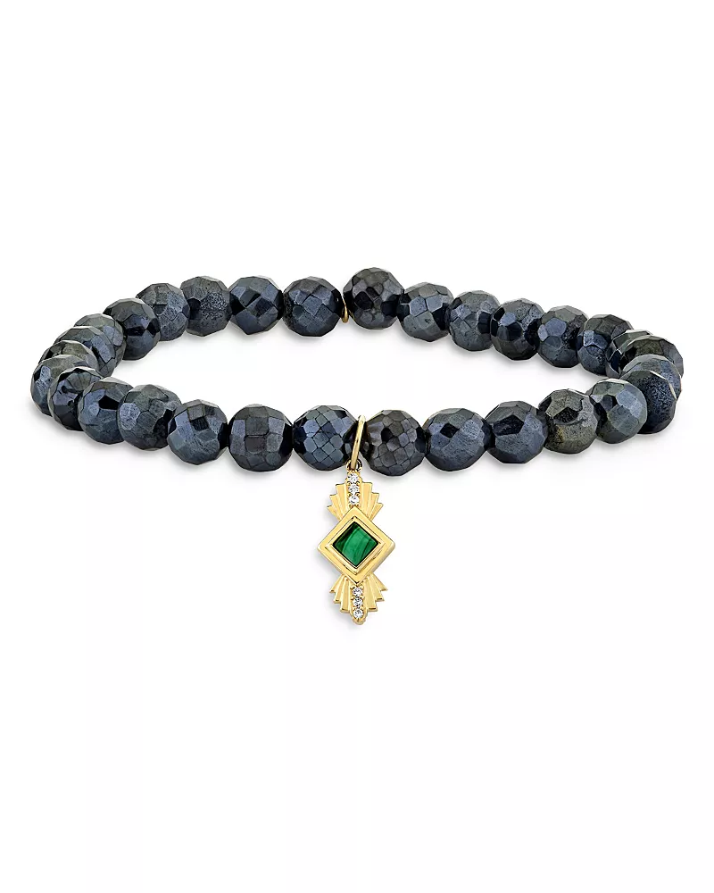 Sydney Evan Wicked x Sydney Evan 14K Yellow Gold Malachite & Diamond Art Deco Charm Stretch Bracelet