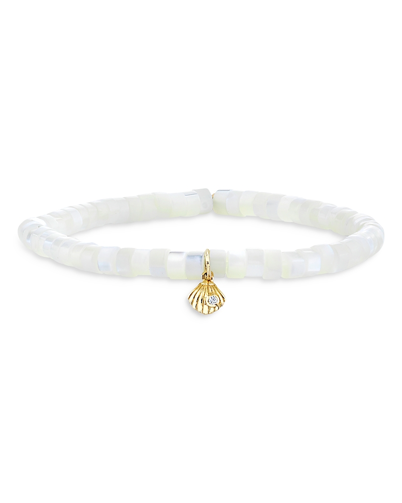 Sydney Evan 14k Yellow Gold Mother Of Pearl Diamond Clam Shell Charm Bracelet In White/gold