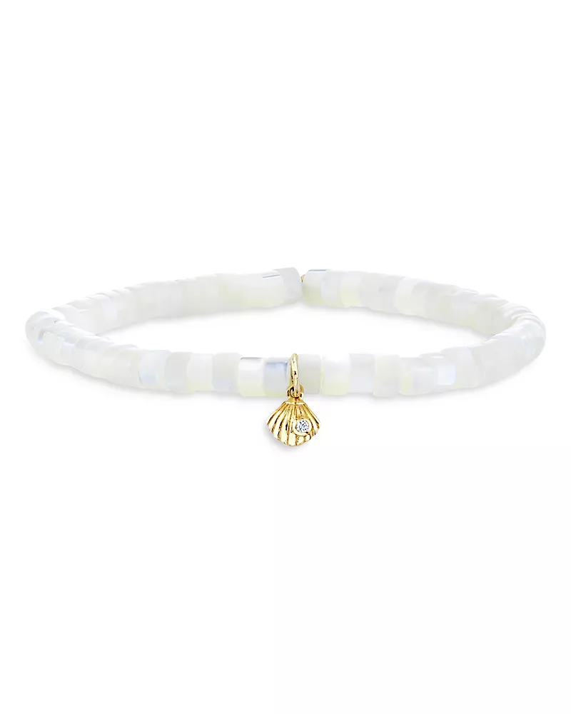 Sydney Evan 14K Yellow Gold Mother of Pearl Diamond Clam Shell Charm Bracelet