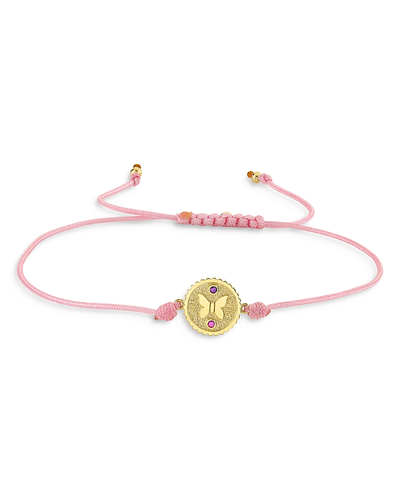 Sydney Evan 14k Yellow Gold Wicked Glinda Butterfly Tiny Coin Charm Cord Bracelet In Pink/gold