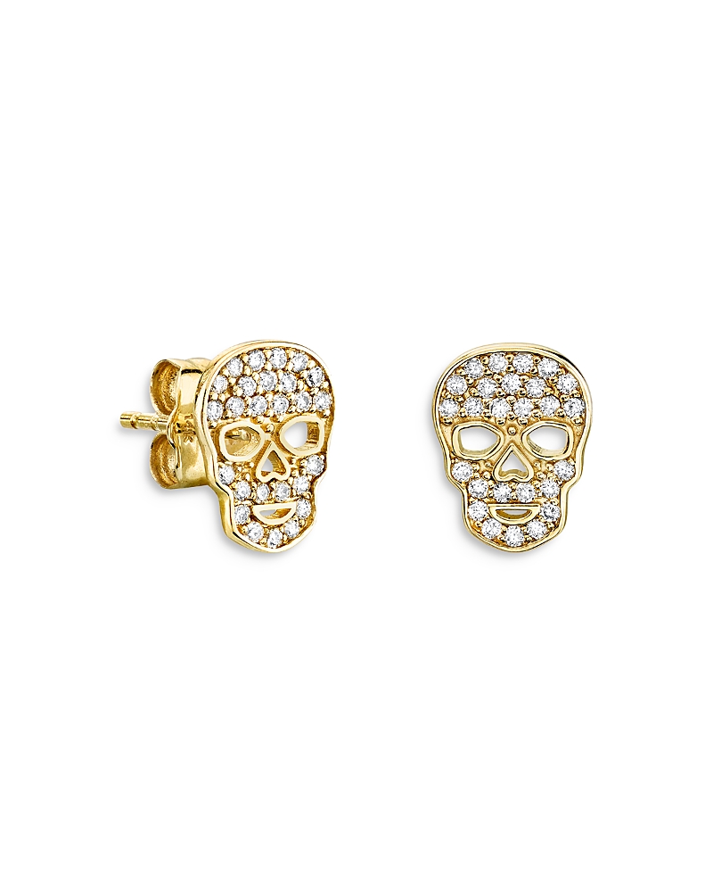 Sydney Evan 14k Yellow Gold Diamond Skull Stud Earrings In Gold