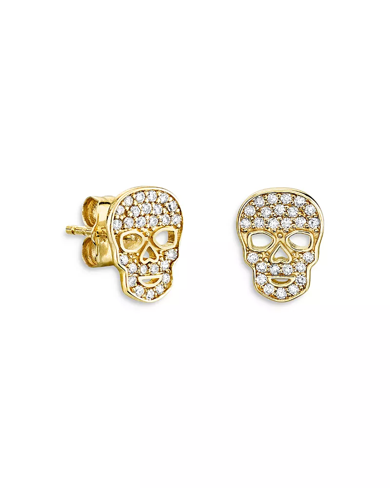 Sydney Evan 14k Yellow Gold Diamond Skull Stud Earrings