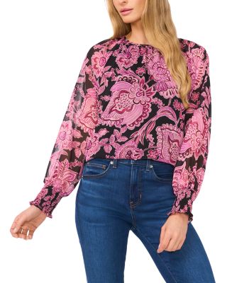 CeCe - Paisley Smocked Cuff Pleated Neck Blouse