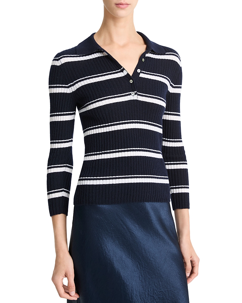 Vince Stripe Mulberry Silk-blend Polo Top In Coastal