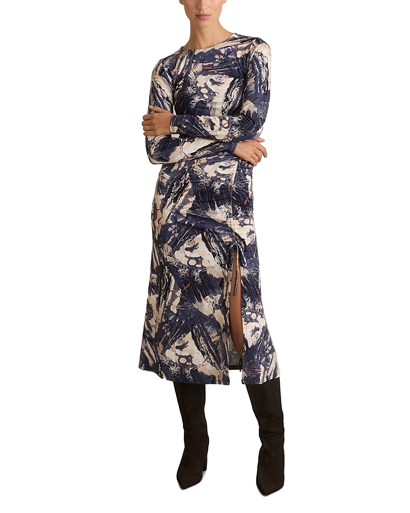 Reiss Ruched Print Midi Dress In Navy/neutral