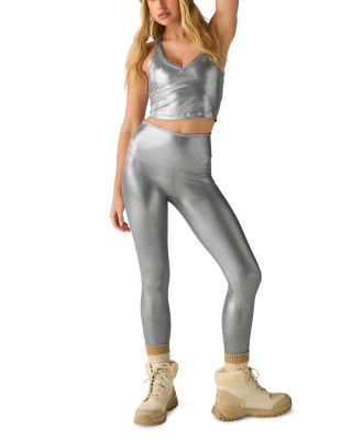 Beyond Yoga - On The Up Cropped Tank Top & Caught In The Midi High Waisted Leggings in Liquid Silver