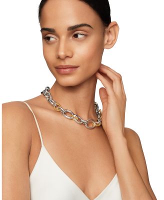 DY Mercer Chain Necklace in Sterling Silver with 18K Yellow Gold and Diamonds, 25mm