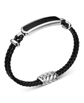 Men's Exotic Stone Station Black Leather Bracelet with Black Onyx
