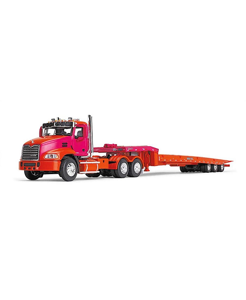 First Gear Dcp 1/64 Orange & Fuchsia Mack Pinnacle W/ Talbert Traveling-axle Trailer - Ages 14+ Years