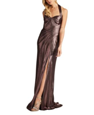 Tadashi Shoji Gita Draped Metallic Halter Gown