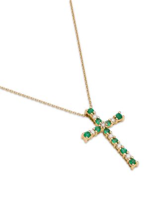Emerald & Diamond Cross Pendant Necklace in 14K Yellow Gold, 16-18"