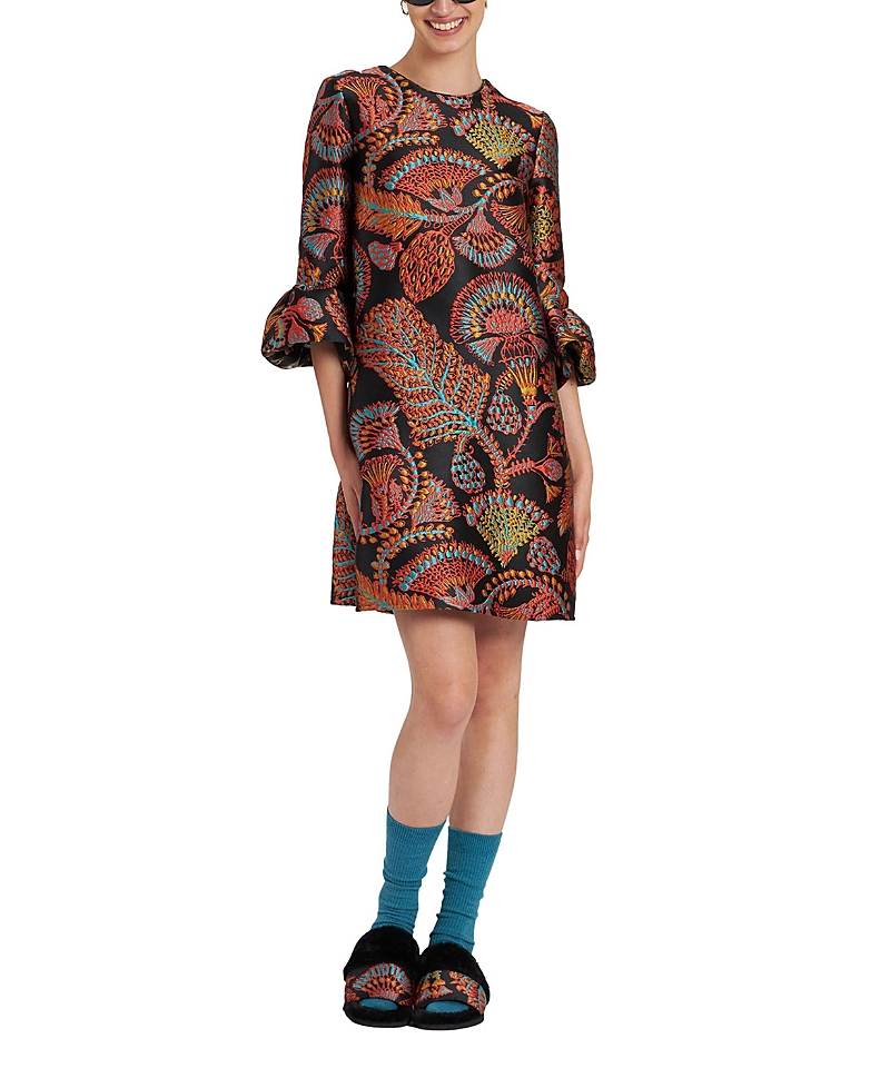 La Doublej 24 7 Jacquard Bell-sleeve Dress In Jacquard Sicomore Black