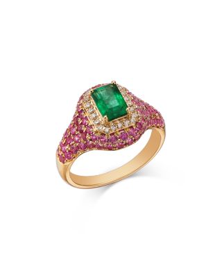 Bloomingdale's Fine Collection - Emerald, Pink Sapphire & Diamond Pinky Ring in 14K Yellow Gold - Exclusive