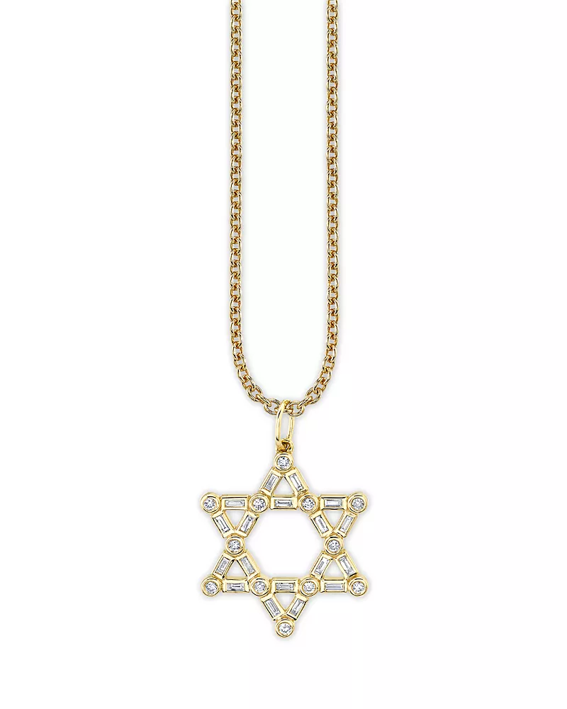 Sydney Evan 14K Yellow Gold Baguette & Round Diamond Bezel Star of David Charm Necklace, 0.26 tcw