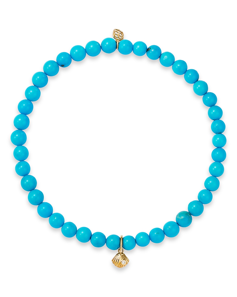 Sydney Evan 14k Yellow Gold Turquoise & Diamond Accent Tiny Clam Shell Stretch Bracelet In Blue/gold