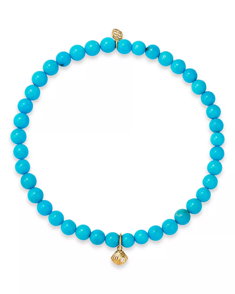 Sydney Evan 14K Yellow Gold Turquoise & Diamond Accent Tiny Clam Shell Stretch Bracelet