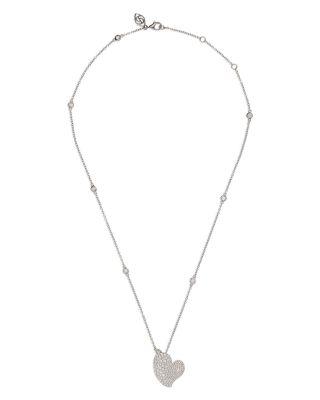 18K White Gold Wave Heart Blue Diamond Pav&eacute; Pendant Necklace, 16-18"